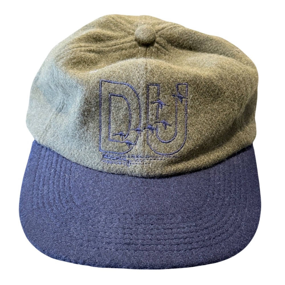 Vintage 1998 Ducks‎ Unlimited Wool Blend Hat Olive Navy Leather Strapback Cap